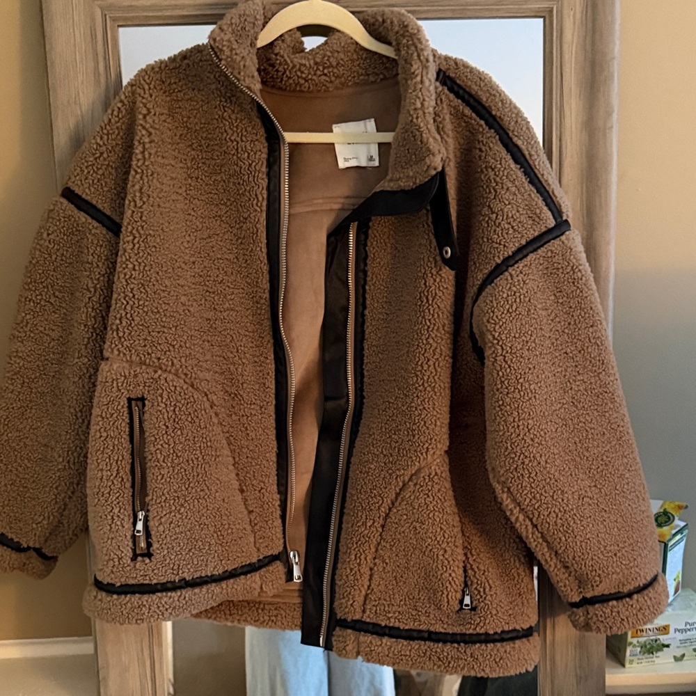 Abercrombie Cozy Brown Sherpa Jacket with Black Trim